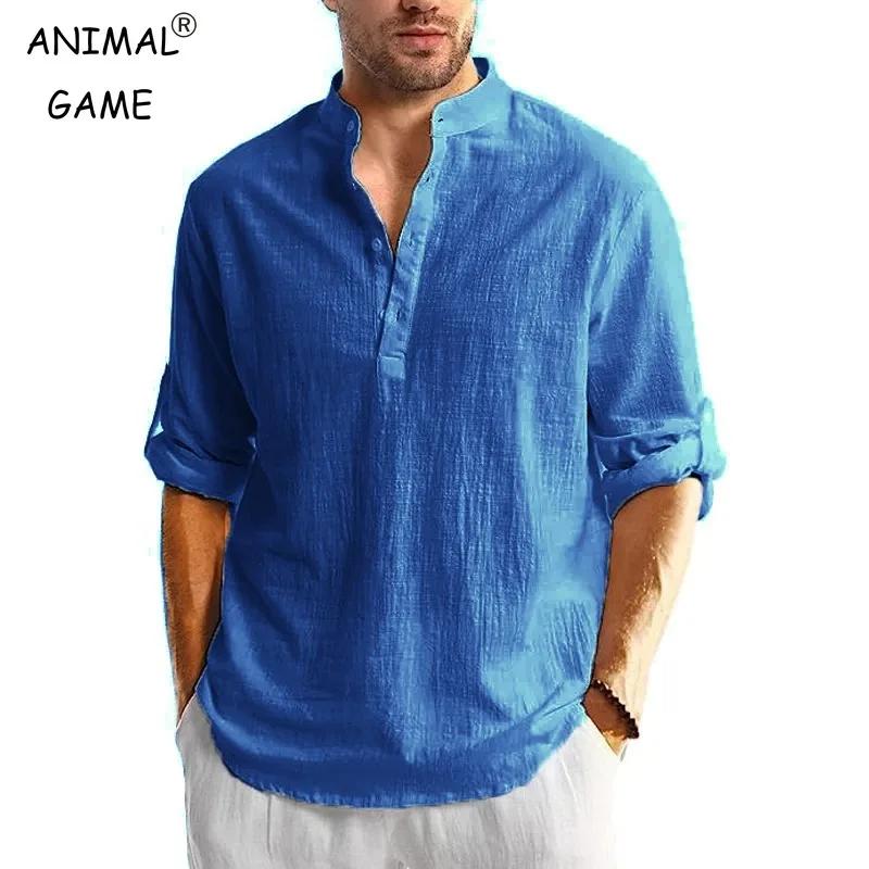 Nouveaux hommes lin coton t-shirts à manches longues boutonné chemises Henley plage chemises hawaïen