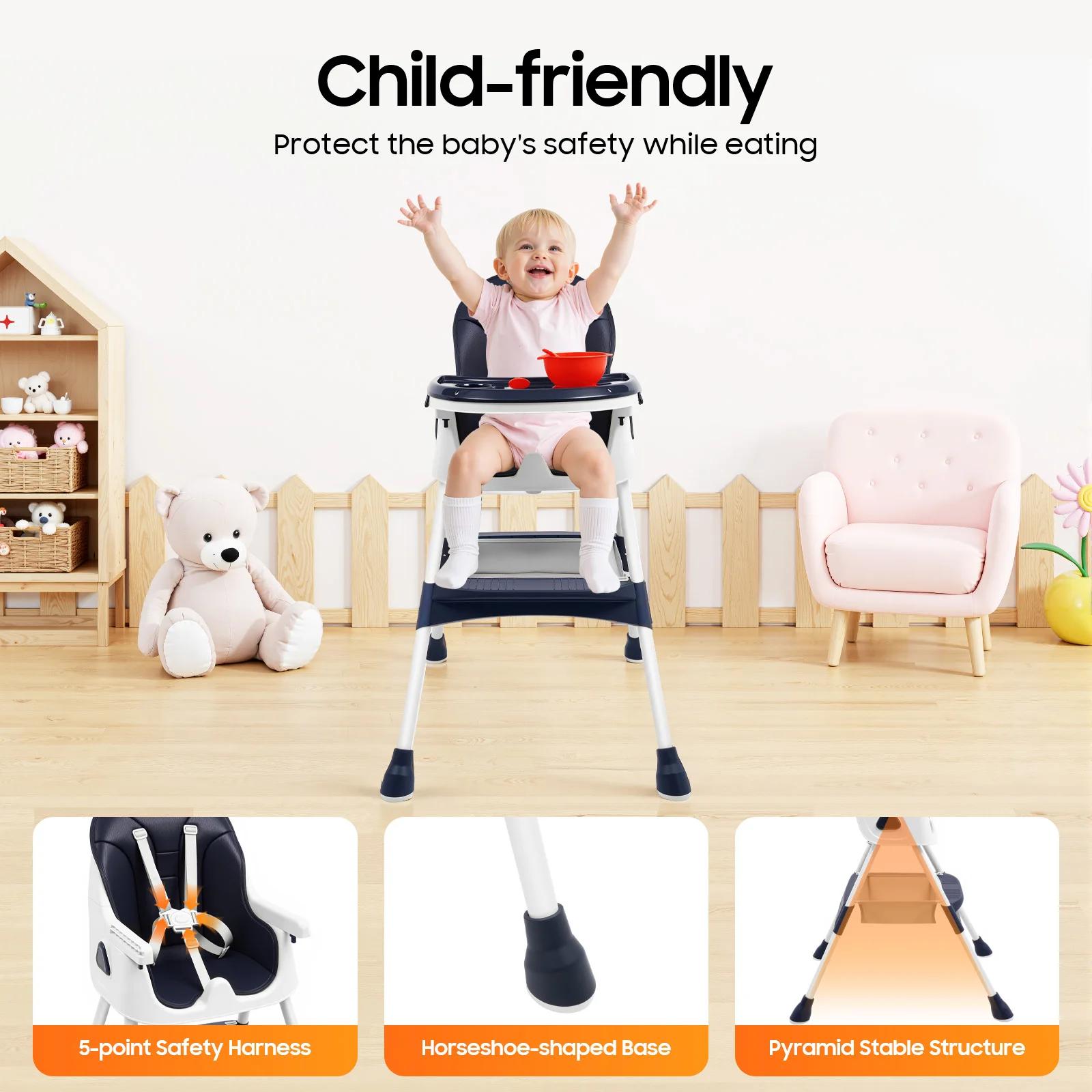 Chaise haute pour bébé, harnais de sécurité à 5 points, capacité de charge de 176 lb, plateau double