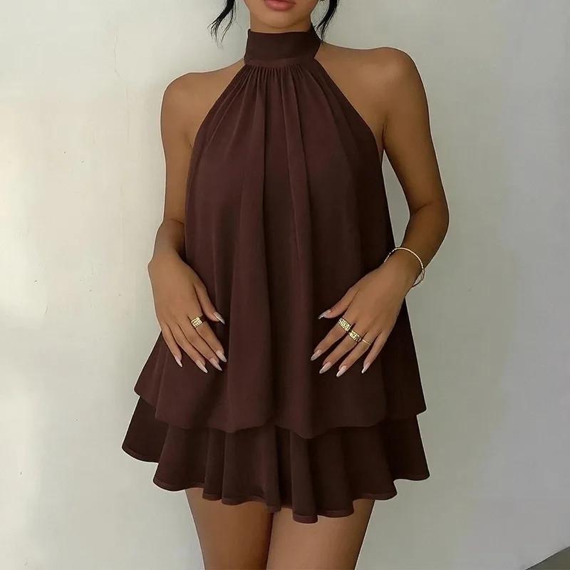 Robe mini élégante en mousseline de soie à col halter sans manches et à volants superposés pour femm