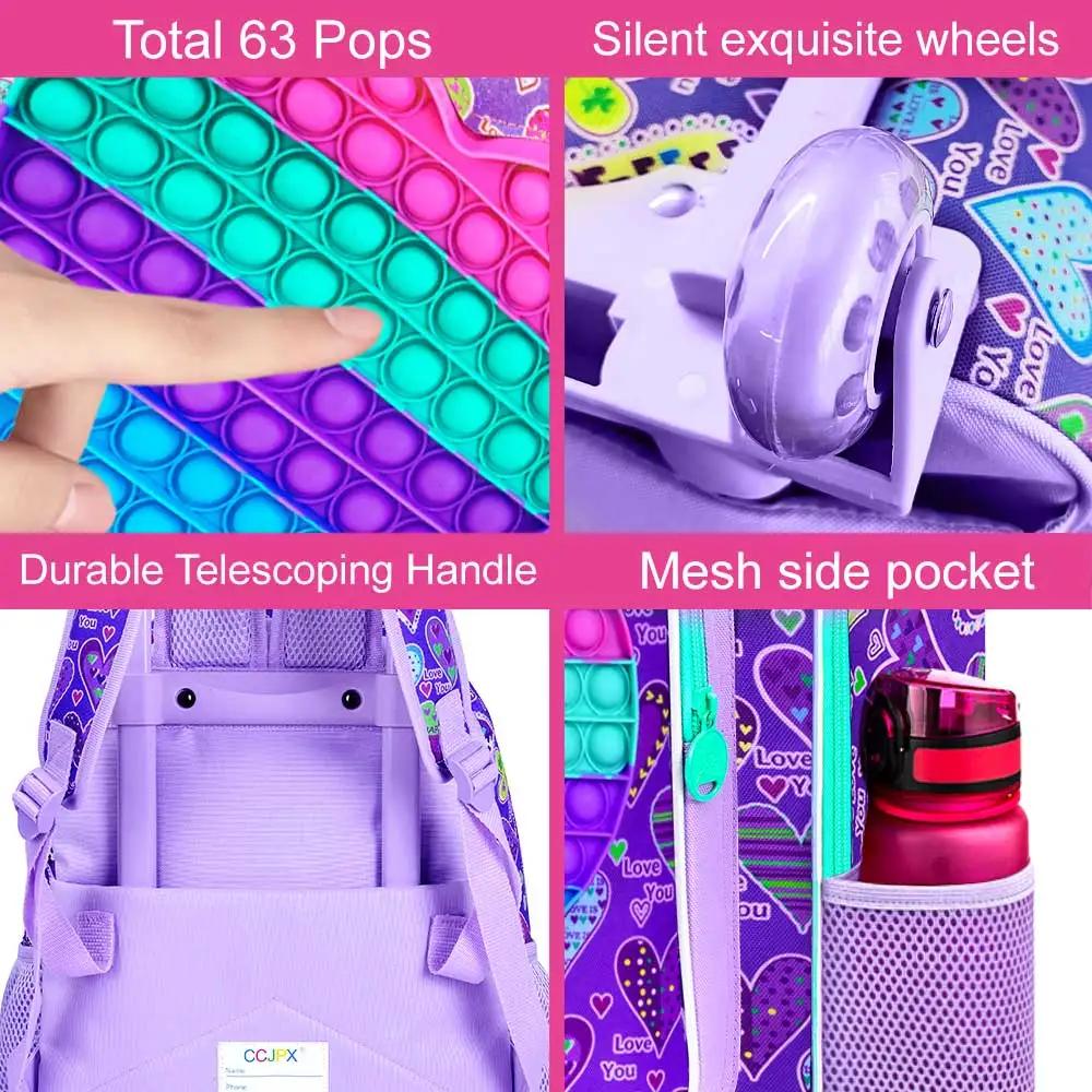 Sac à dos roulant 3 pièces pour filles, sac à livres à roulettes pour enfants, sac d'école à roulett