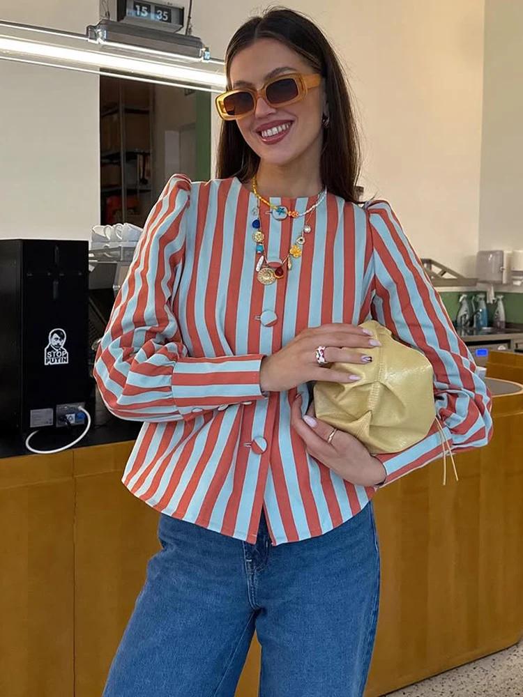 Nouvelle Blouse Chic Femme SLTNX – Chemise Ample à Rayures Imprimées, Col Rond, Manches Bouffantes,