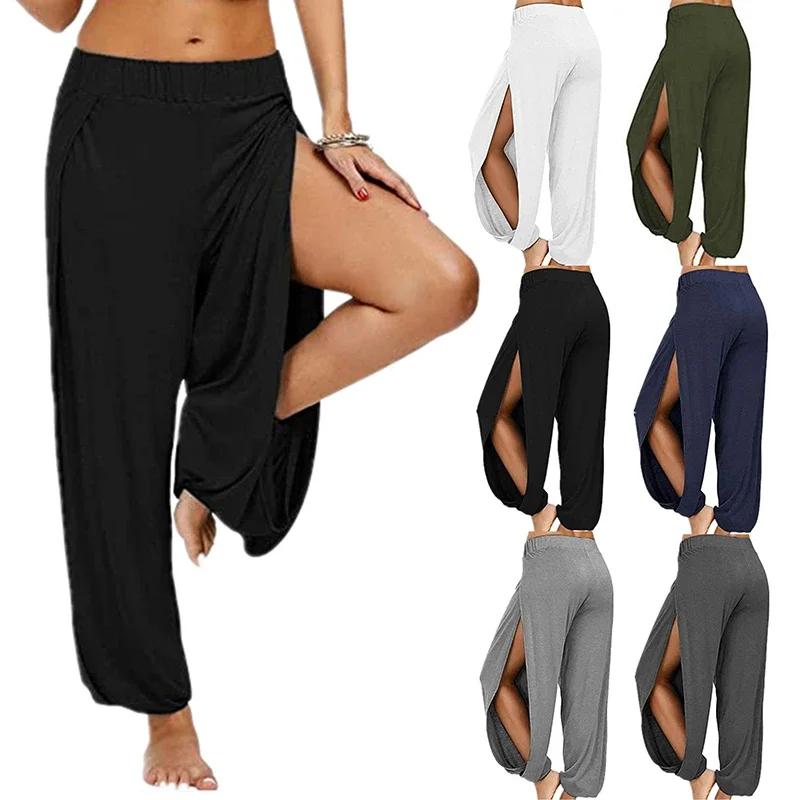 Pantalon Haren d'été à fente haute pour femmes, pantalon de sport, de Yoga, couleur unie, ample, Hip