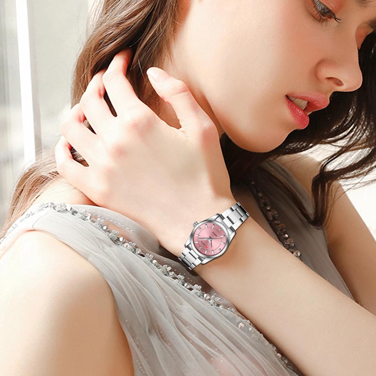 Montre pour femme de luxe 29mm à la mode en acier inoxydable strass rose minimaliste fille horloge e