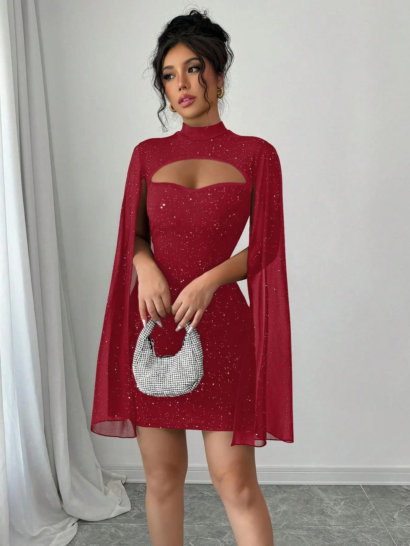 Mini robe Cape à col montant pour femmes, Sexy, paillettes scintillantes, soirée en boîte de nuit, m
