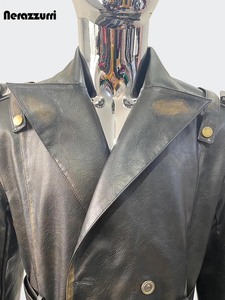 Nerazzurri printemps automne Cool Long imperméable en détresse noir Pu cuir Trench manteau hommes ce