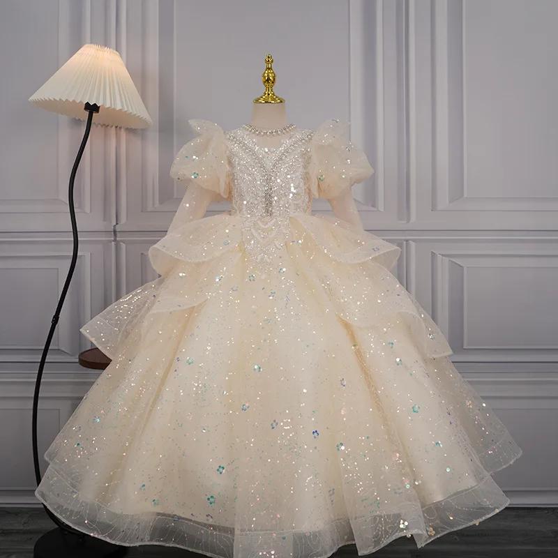 Robe de princesse à manches longues pour filles, robe de soirée d'anniversaire, à fleurs, robe de ma
