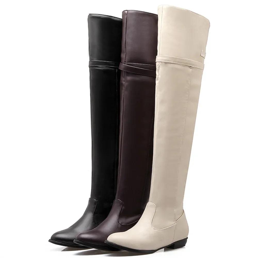 Bottes longues à bout rond pour femmes, bottes au-dessus du genou, ceinture en cuir, chaussures sexy