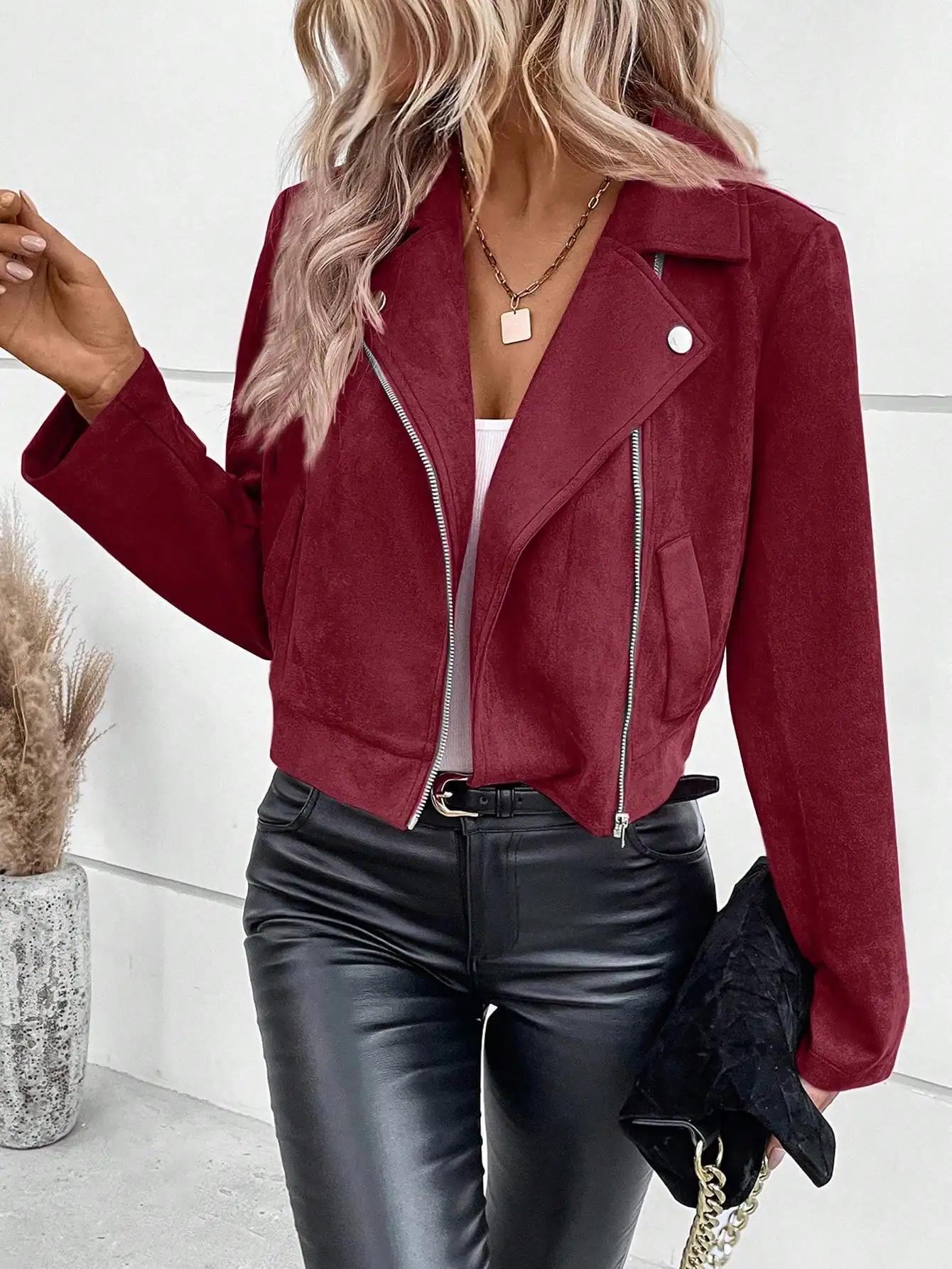 Faux daim femmes Jakcet fermeture éclair mouche revers boutons moto veste en cuir coupe-vent haute r
