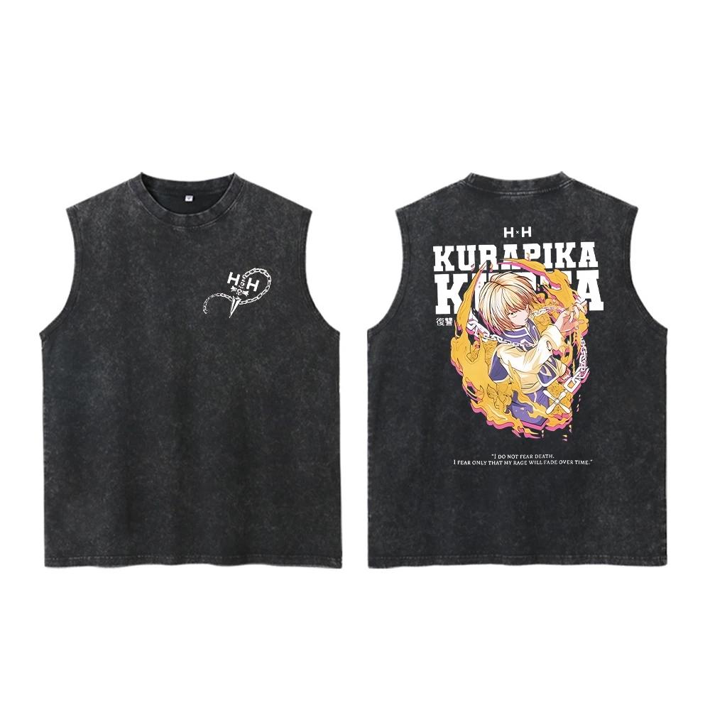 Anime Hunter X Hunter acide gilet rétro Vintage imprimé lavé graphique gilet hommes Harajuku Y2k cot