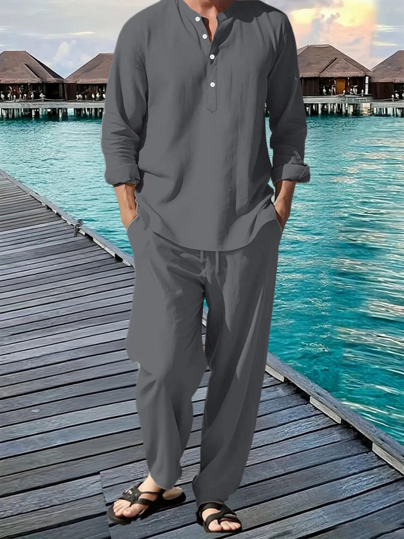 Henley – costume chemise et pantalon pour hommes, léger et respirant, Streetwear, couleur unie, bout