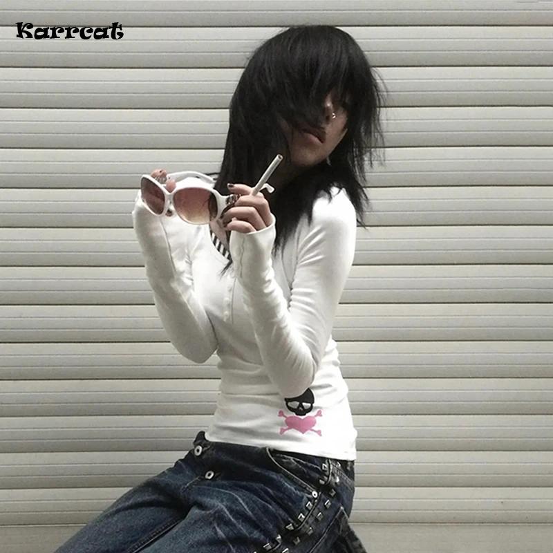 Karrcat Trashy Y2k T-shirt imprimé crâne Grunge esthétique faux deux pièces hauts Vintage années 200