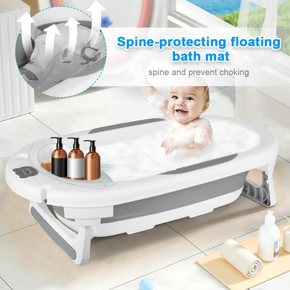Baignoire Bébé, Design Pliable, Thermomètre Intégré, Coussin de Bain Doux, Pieds Antidérapants, Bouc