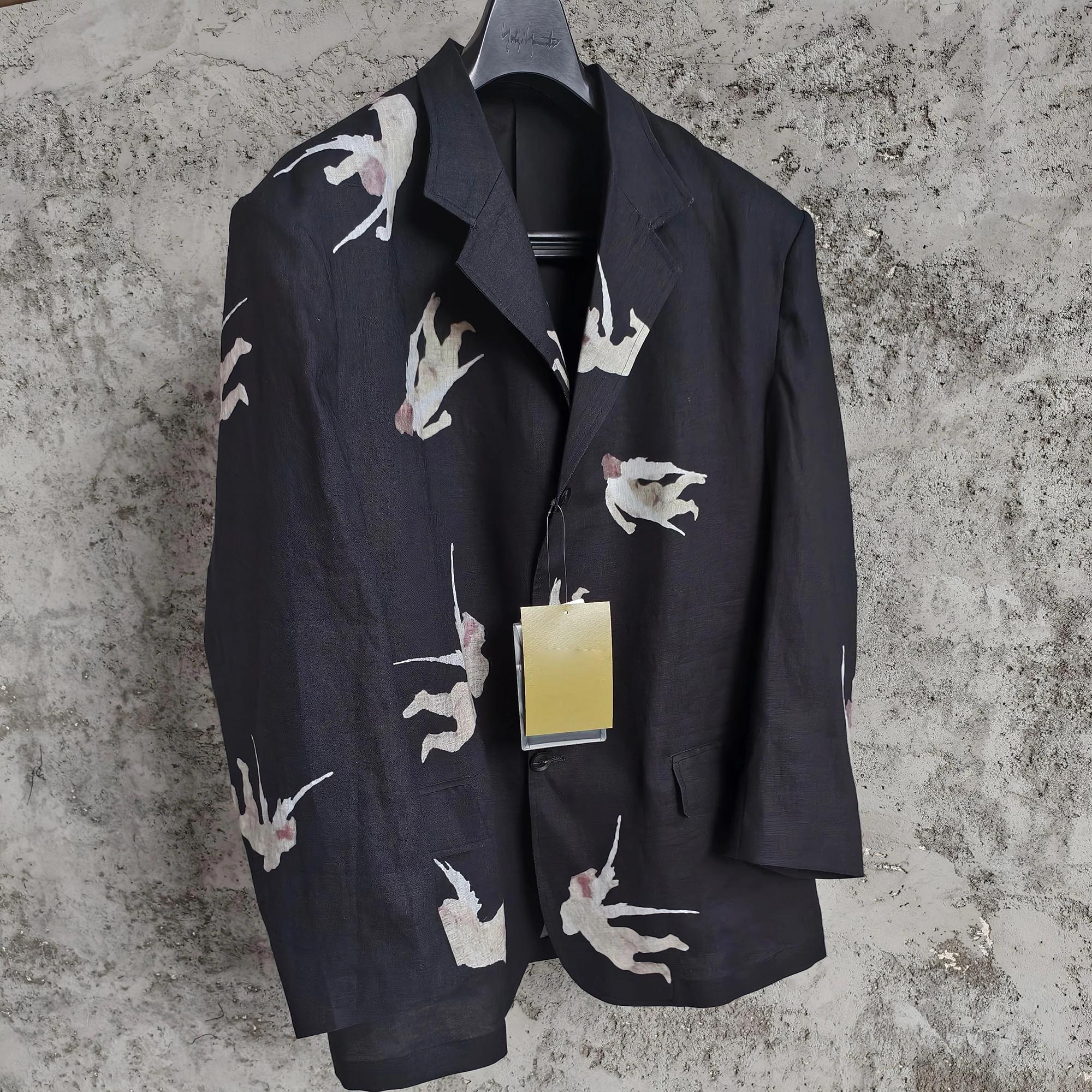 TOP-YAMAMOTO design original mélange de lin motif d'ange manteau à col ouest avec imprimé à manches