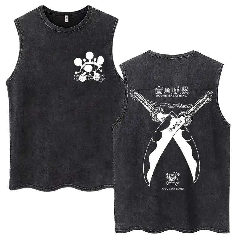 Débardeur en coton sans manches pour hommes et femmes, délavé, Anime Demon Slayer Hashibira Inosuke,
