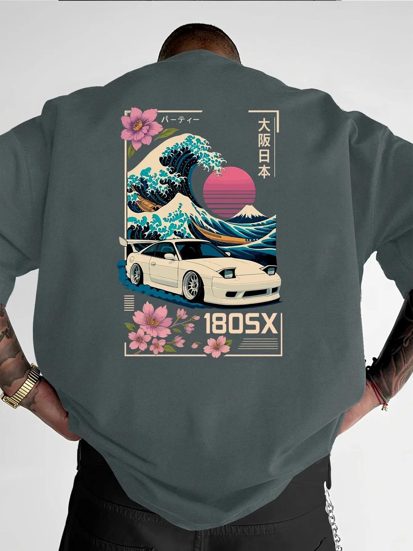 T-shirt à manches courtes pour hommes, imprimé japonais Ukiyo-e JDM Car Culture Trend, vêtements de