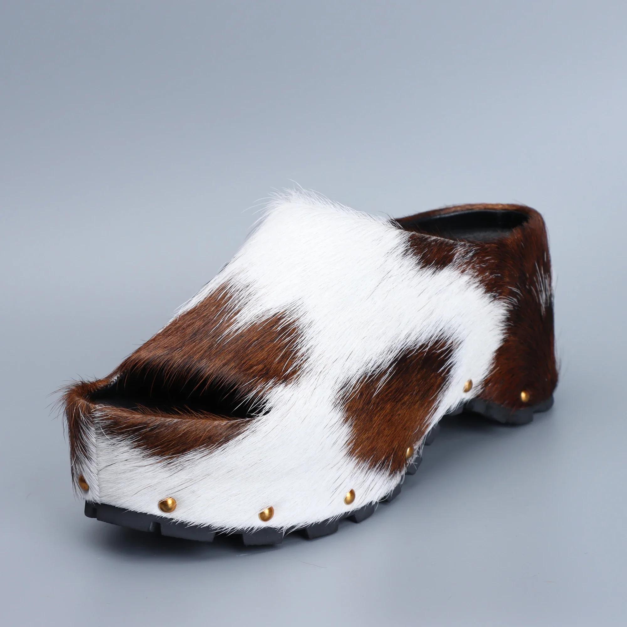Mules à plateforme de luxe pour femmes, chaussures de styliste, en poils de veau véritable, doublées