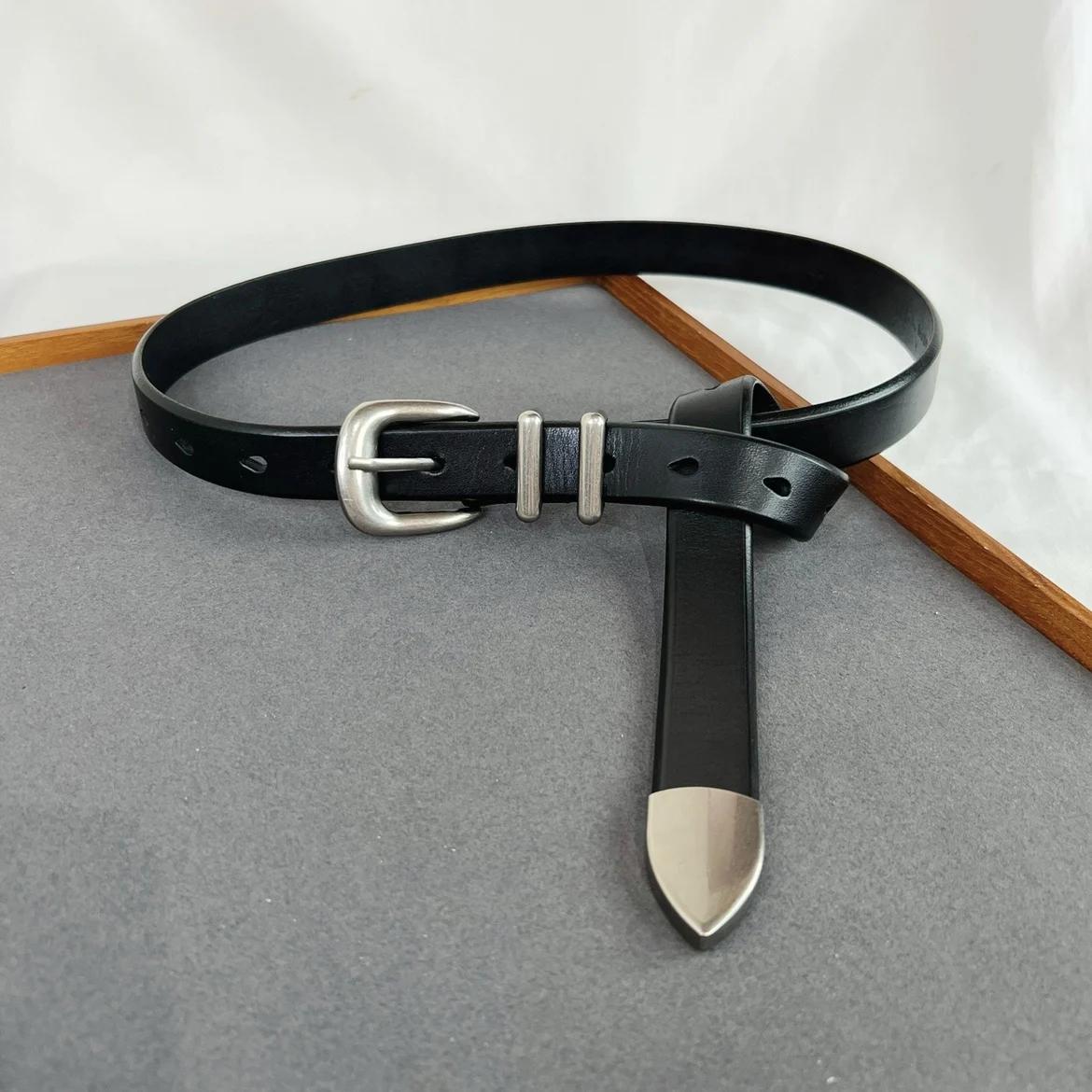 Ceinture Vintage en cuir de vache pour hommes et femmes, argent et noir, boucle, 125cm