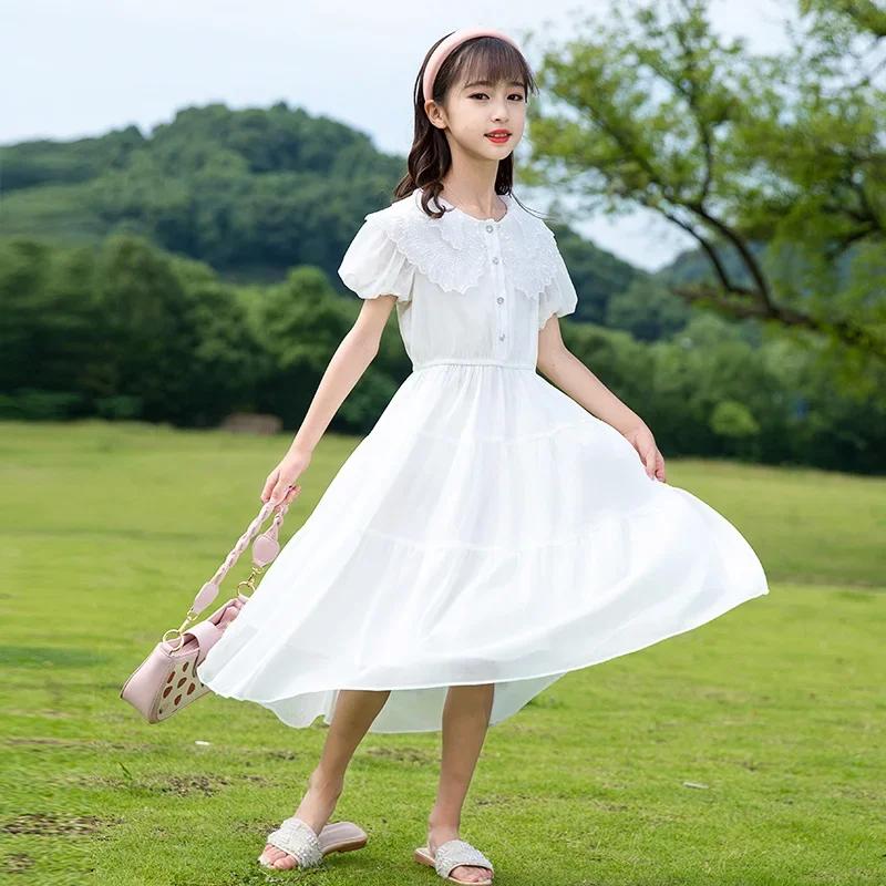 Robe de princesse en mousseline de soie pour adolescentes, vêtements éducatifs en dentelle blanche,