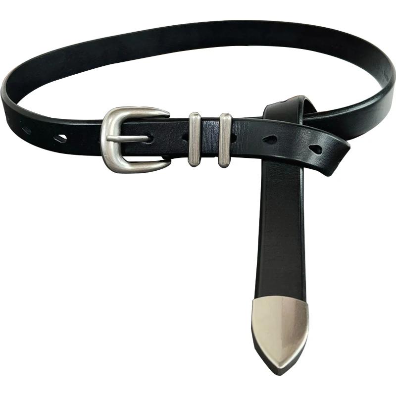 Ceinture Vintage en cuir de vache pour hommes et femmes, argent et noir, boucle, 125cm