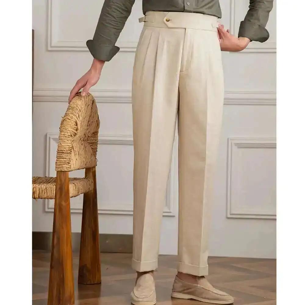 Pantalon en lin et coton taille haute pour homme, pantalon droit décontracté, pantalon plissé pour g