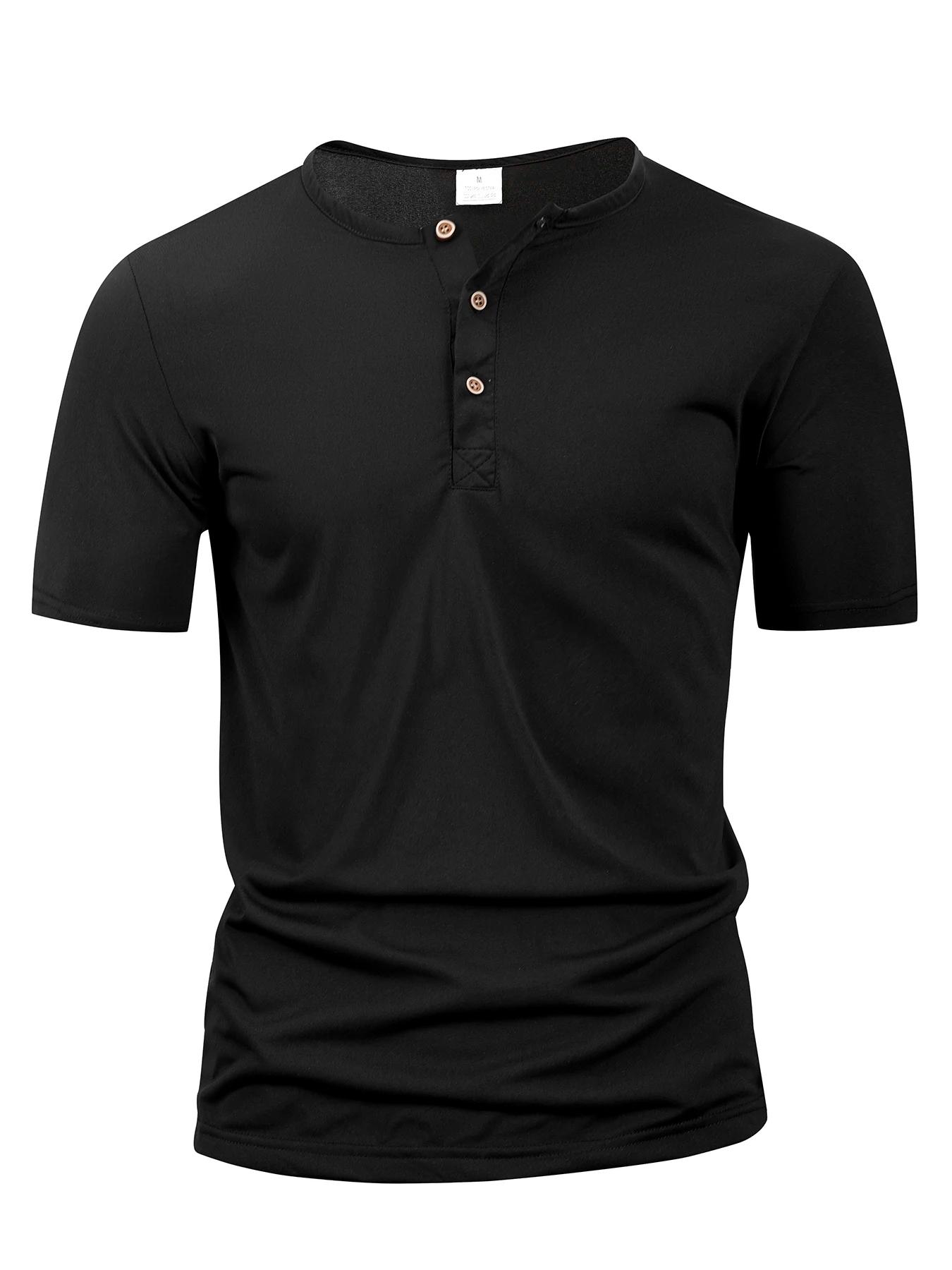 Été hommes col Henley T-shirts bouton mince décontracté mâle couleur unie à manches courtes hommes s