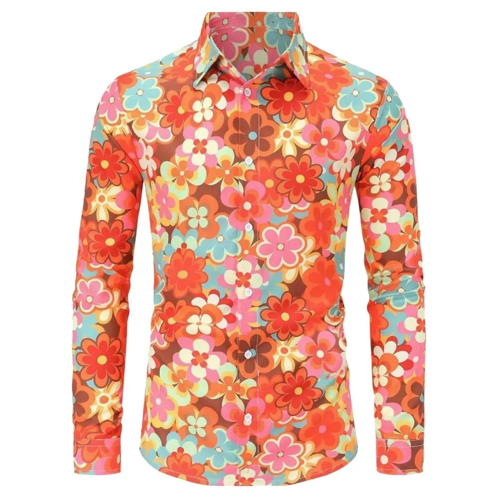 Chemises à manches longues pour hommes Hippie années 70 Disco Hip Hop bouton fleur rétro chemise à m