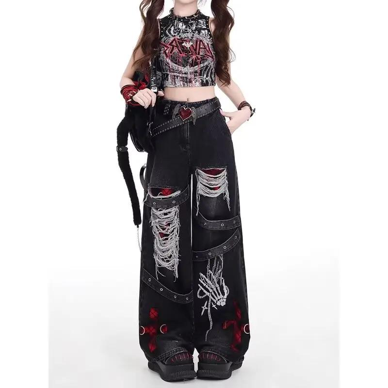 Style américain épicé fille lâche paresseux et détendu denim pantalon femme punk rétro lavé à la mod