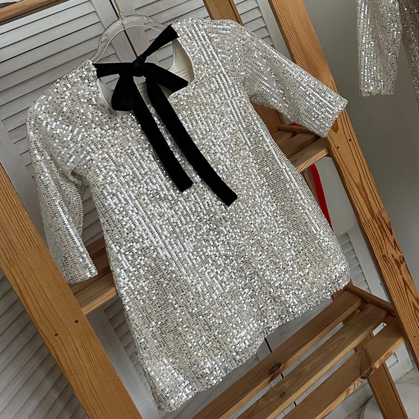 HETISO – robe de soirée élégante à manches longues, paillettes argentées, avec nœud papillon noir, r