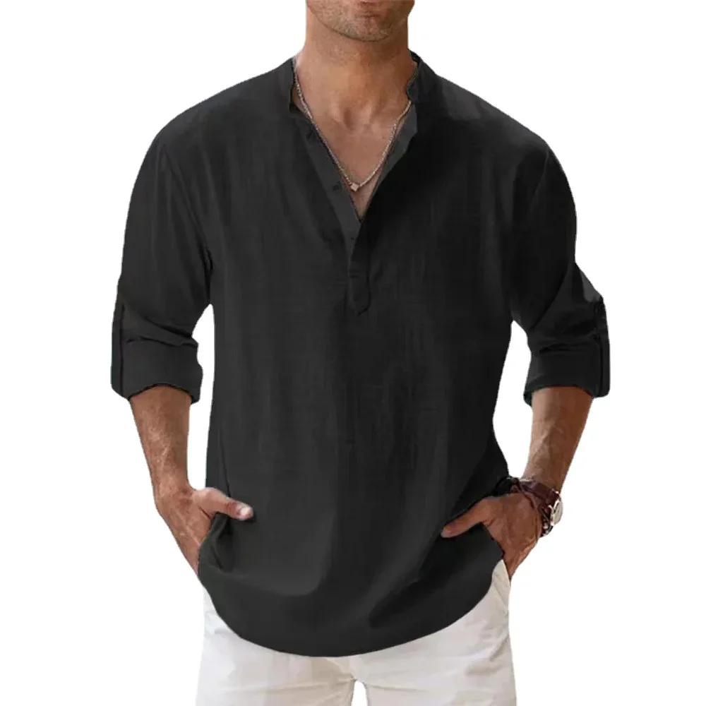 Chemises à manches courtes pour hommes, en coton et lin, couleur unie, col Henley, décontracté, Styl