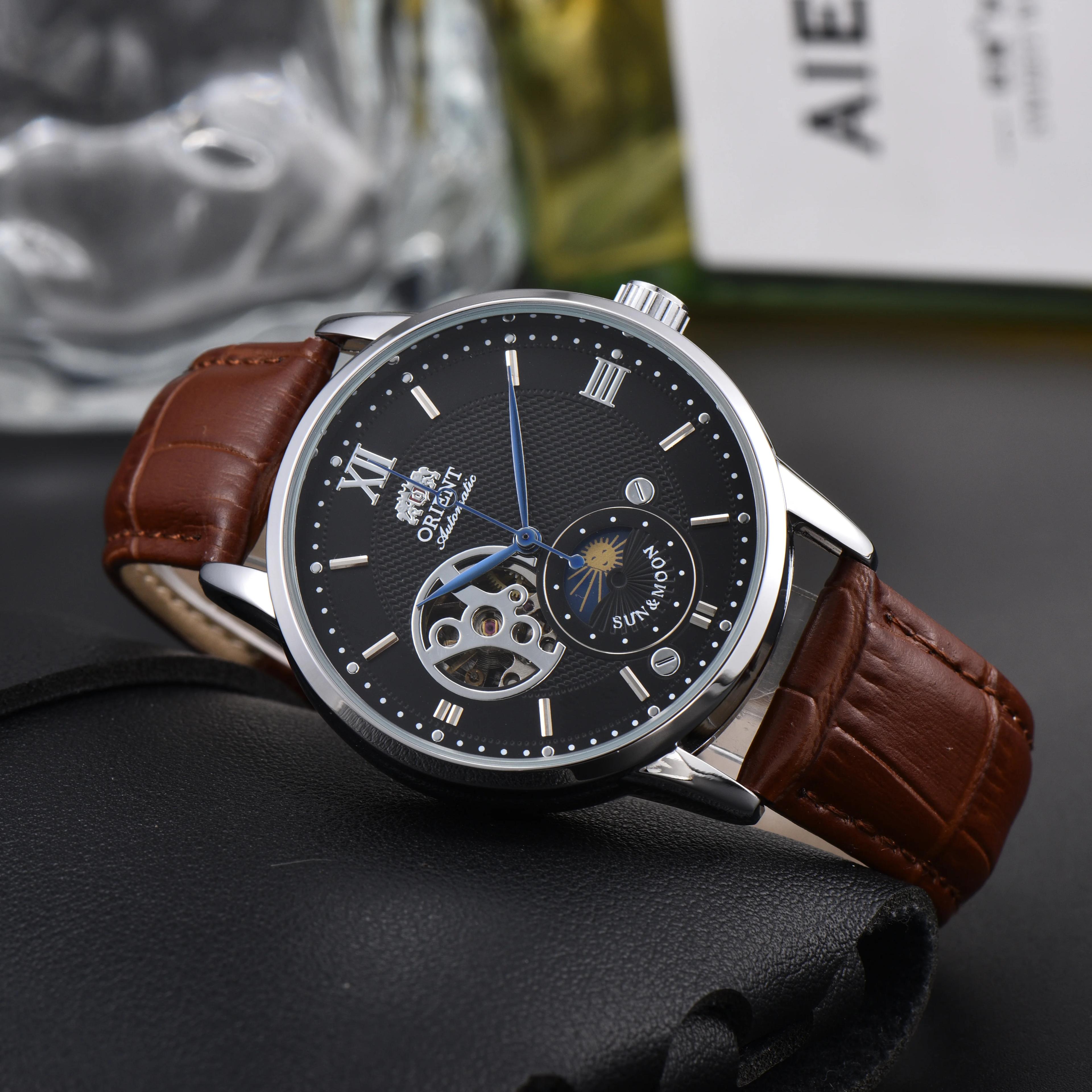 Orient Sun & Moon – montre automatique semi-squelette pour hommes, cadran blanc, bracelet en cuir no