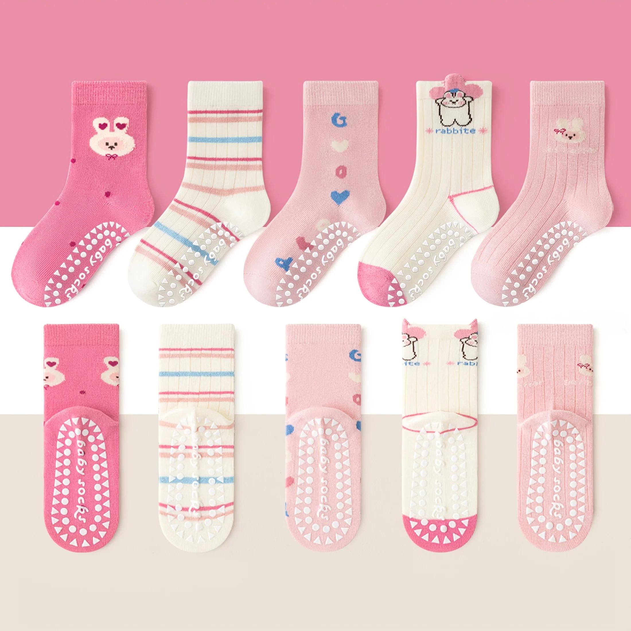 Lot de 5 chaussettes de sol pour enfants avec motifs lapin 3D et motifs floraux, points antidérapant