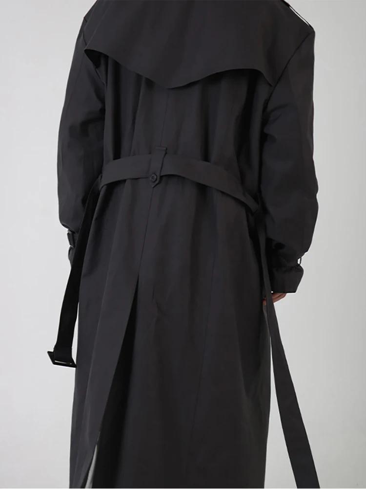 Mauroicardi-Manteau long noir pour homme, ceinture double boutonnage, décontracté, coupe-vent, print