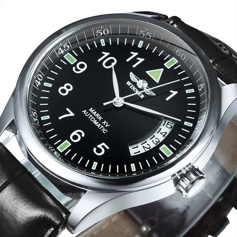 Montre automatique WINNER pour homme, fenêtre de calendrier, cadran noir tendance, bracelet en cuir