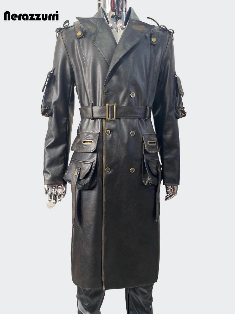 Nerazzurri printemps automne Cool Long imperméable en détresse noir Pu cuir Trench manteau hommes ce