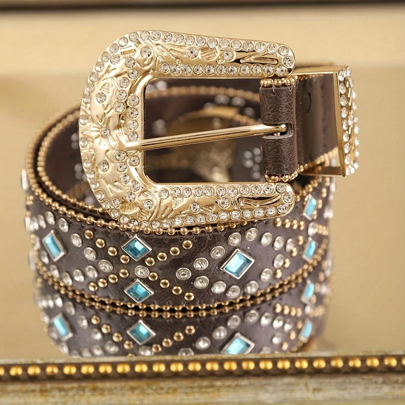 Ceinture en cuir PU marron pour femmes, 1 pièce, avec chaîne perlée bleu cobalt, ceinture en cuir de
