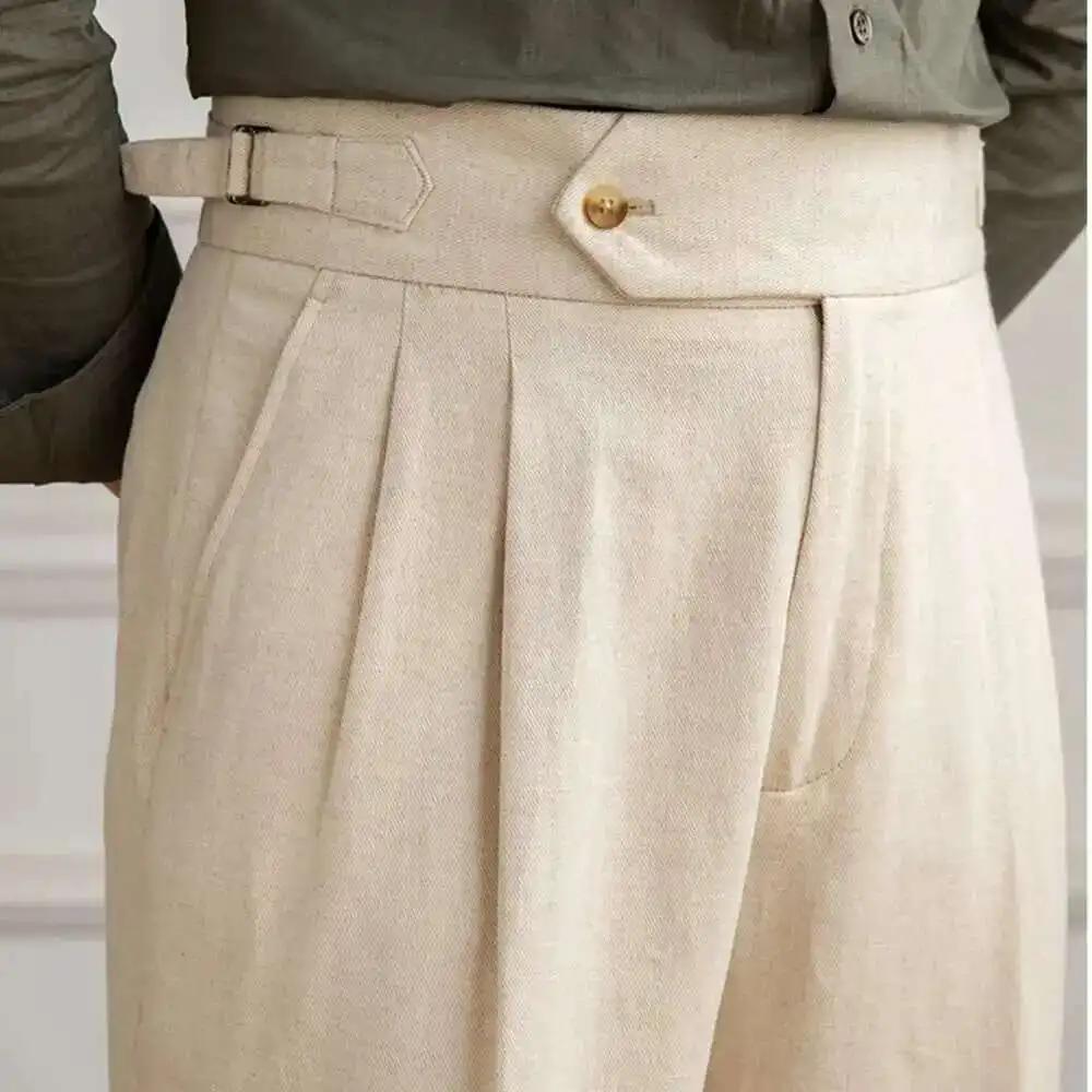 Pantalon en lin et coton taille haute pour homme, pantalon droit décontracté, pantalon plissé pour g