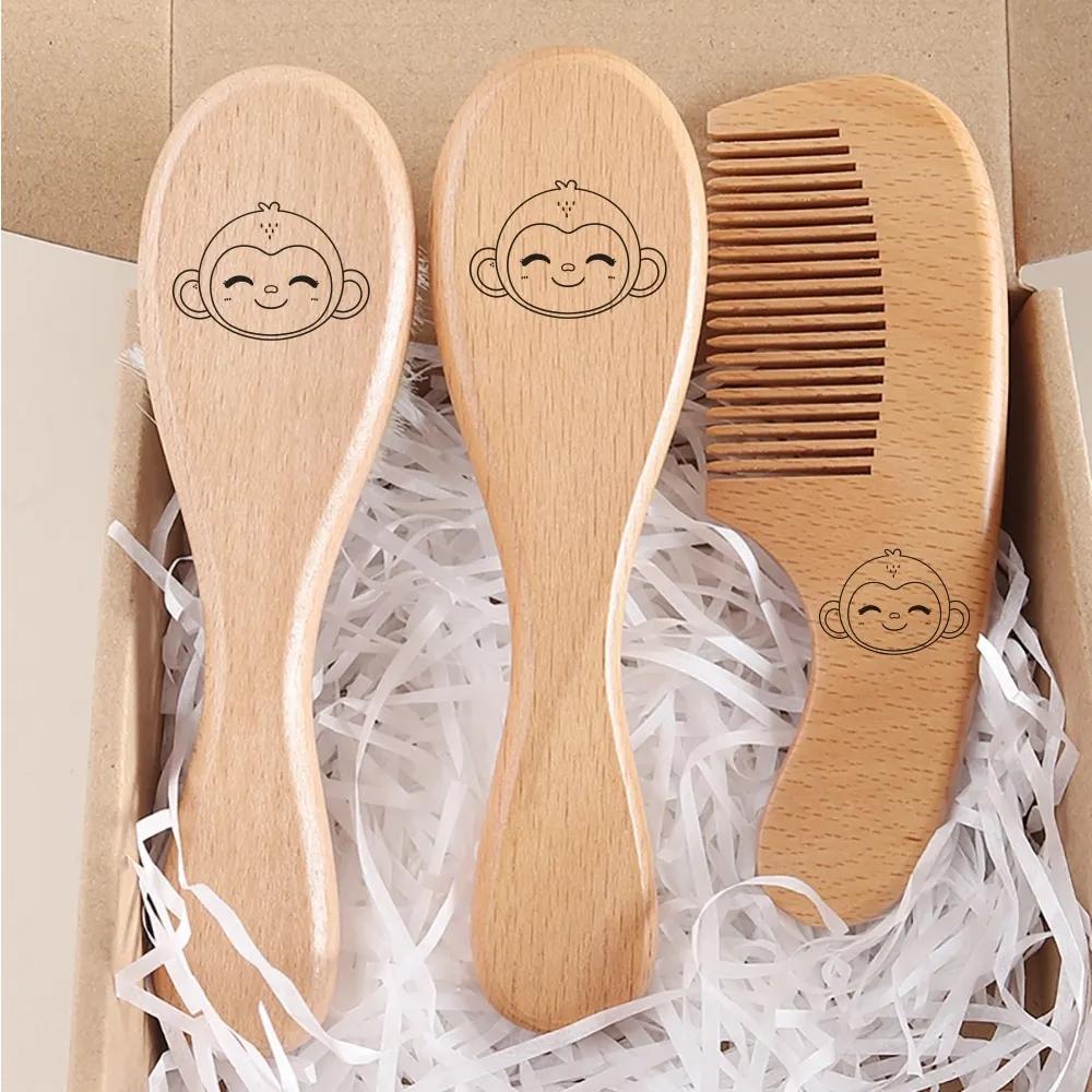 3 pièces ensemble gravure panda bébé peigne brosse ensemble nouveau-né coffret cadeau laine naturell
