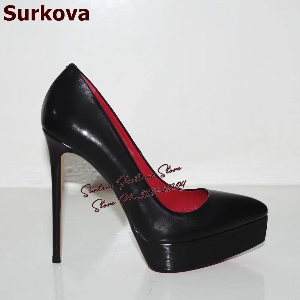 Surkova noir mat talon haut plate-forme robe pompes bout pointu sans lacet Banquet chaussures rouge
