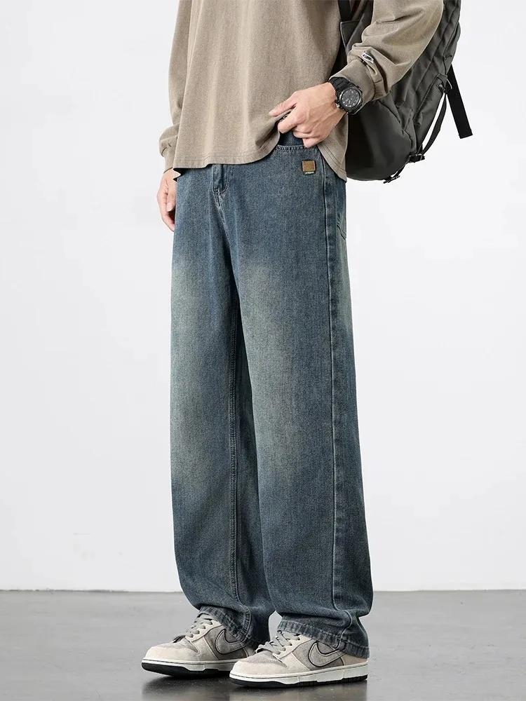 Jeans droits rétro américains printemps-automne, streetwear pour hommes, mode coréenne, pantalon en