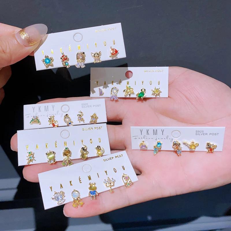 Boucles d'oreilles mixtes en cristal de Zircon coloré, 5 pièces/ensemble, conte de fées, pour femmes