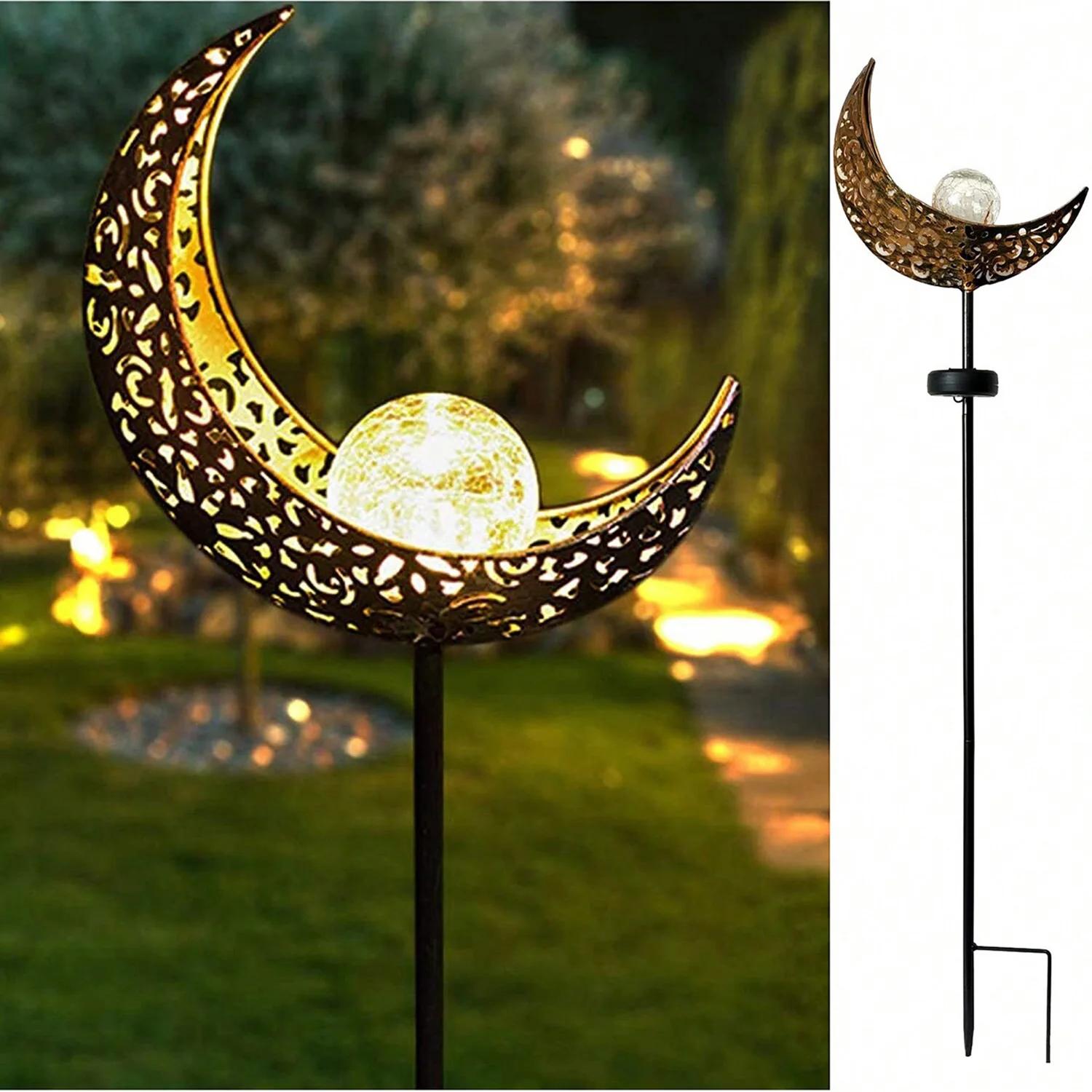 Lumières solaires LED en verre craquelé nickel é de lune, ornement de piquet en métal blanc chaud, l