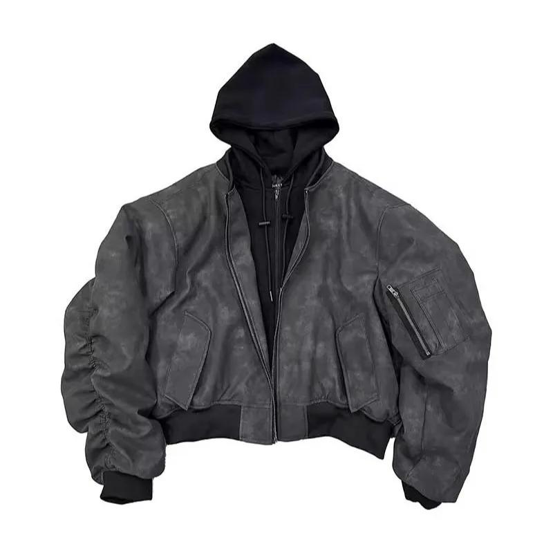 Veste Homme Printemps Automne Style Urbain Patchwork à Capuche Faux Cuir Deux Pièces Manches Longues