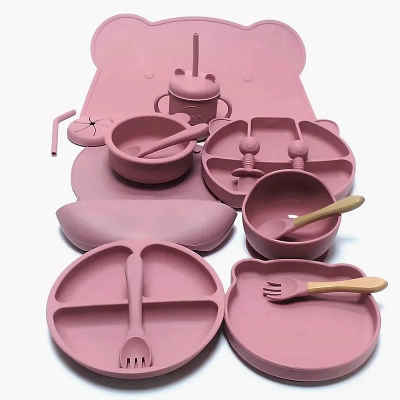 Ensemble d'ustensiles en silicone pour enfants, ensemble d'assiettes queplate, ventouse complémentai