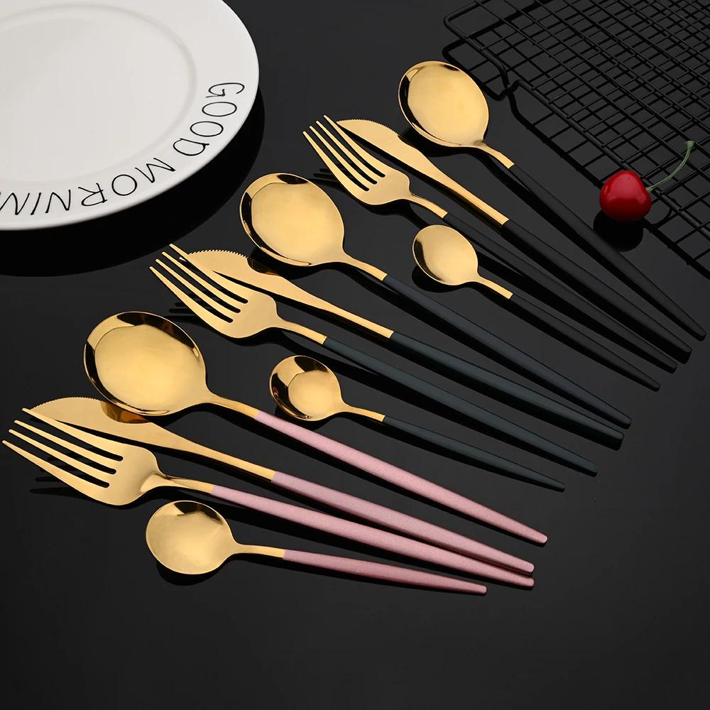 30 pièces/ensemble dîner en acier inoxydable noir or ensemble de vaisselle couteau fourchette à frui