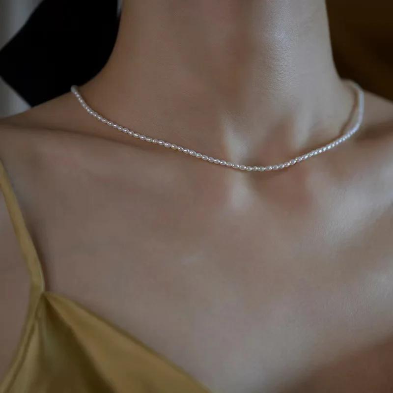 Dainashi 925 argent Sterling 2.5-3.5mm forme de riz colliers de perles d'eau douce 40cm de longueur