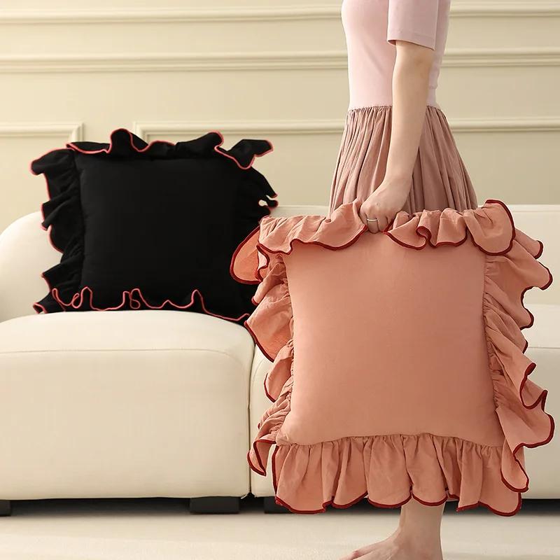 Juste de coussin en coton à volants pour canapé, taie d'oreiller décorative, beige, rose, princesse,