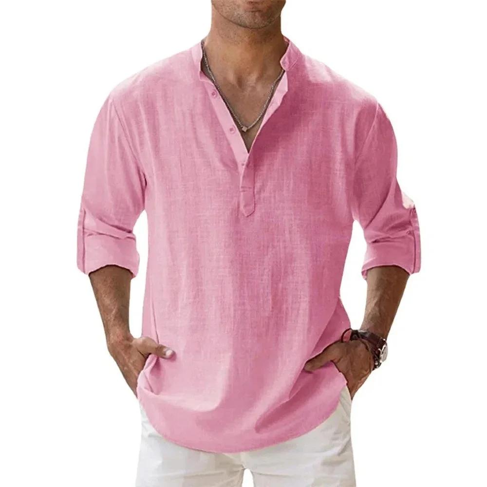 Chemises à manches courtes pour hommes, en coton et lin, couleur unie, col Henley, décontracté, Styl
