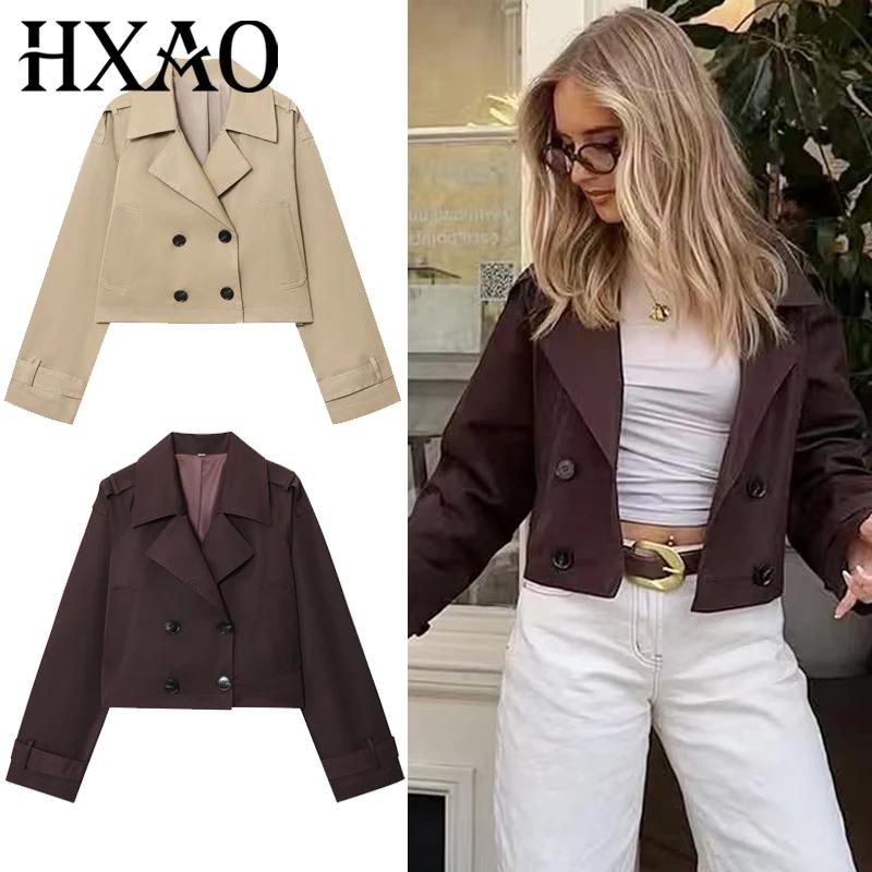 HXAO – Trench-Coat court marron chocolat pour femme, manteaux surdimensionnés à manches longues, ves