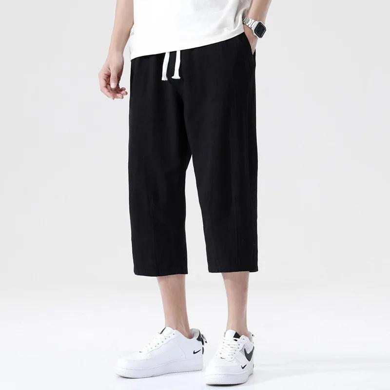 Pantalon court en lin pour hommes, décontracté, couleur unie, jambe droite, léger, grand, imitation