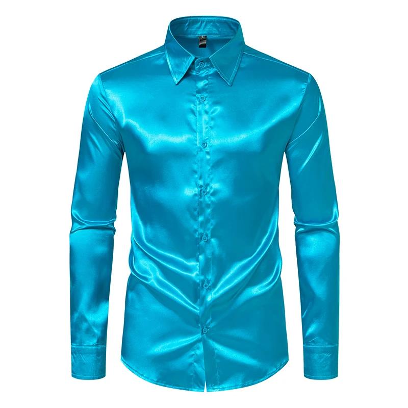 Chemises de luxe en Satin noir pour hommes, chemise de smoking lisse en soie, couleur unie, pour fêt